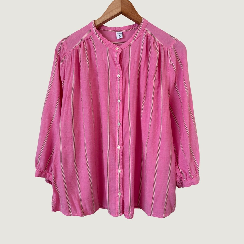 Old Navy Femme Pink Striped Band Collar Button Down Blouse Size M